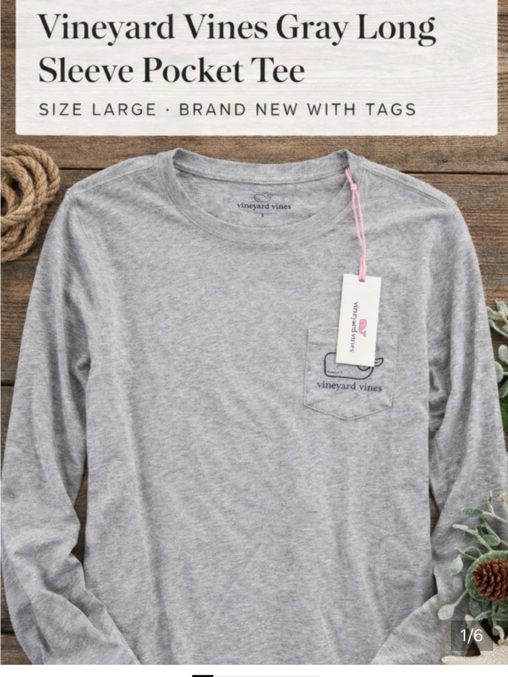 Vineyard Vines Heather Gray Long Sleeve Pocket Tee with Whale Logo